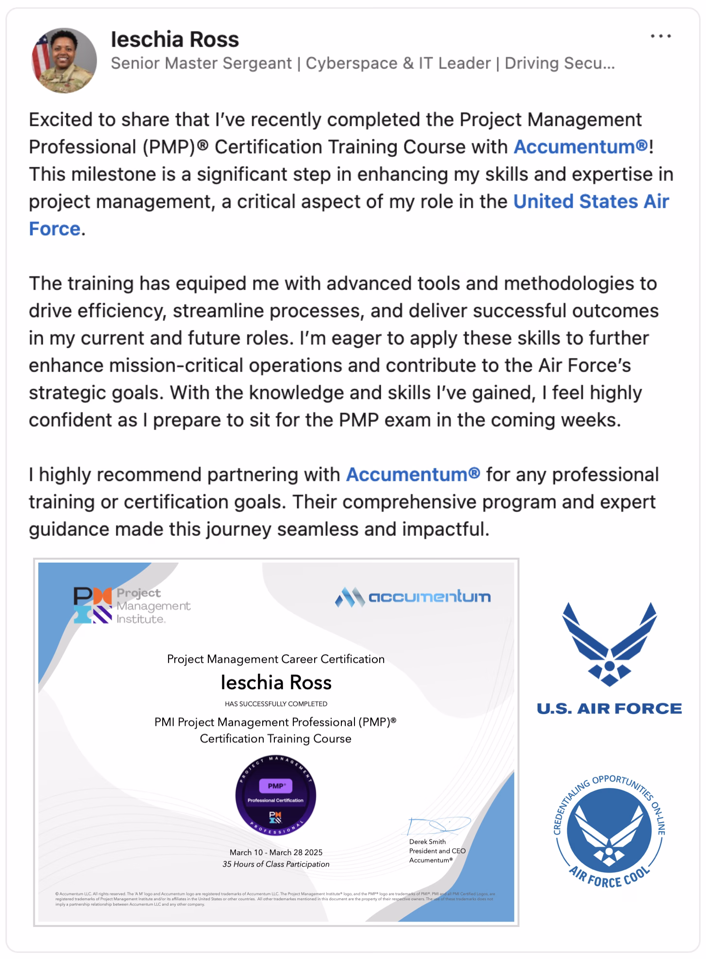 Client Endorsement of Accumentum Project Management Professional PMP Certification Training with Air Force Credentialing Assistance